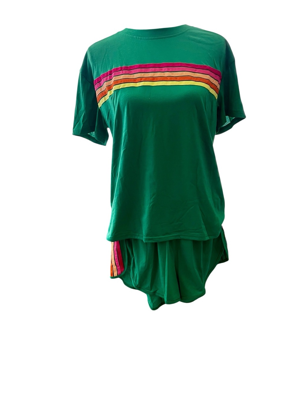 Women's Green Short-Sleeve Tee Set with Rainbow Stripe Accent Sz S